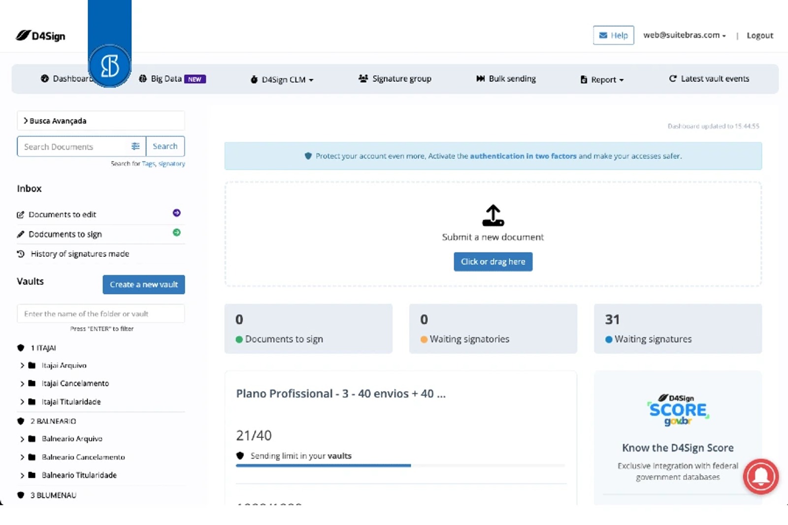 Painel da D4Sign com menu superior, caixa de entrada à esquerda e contadores de documentos a assinar