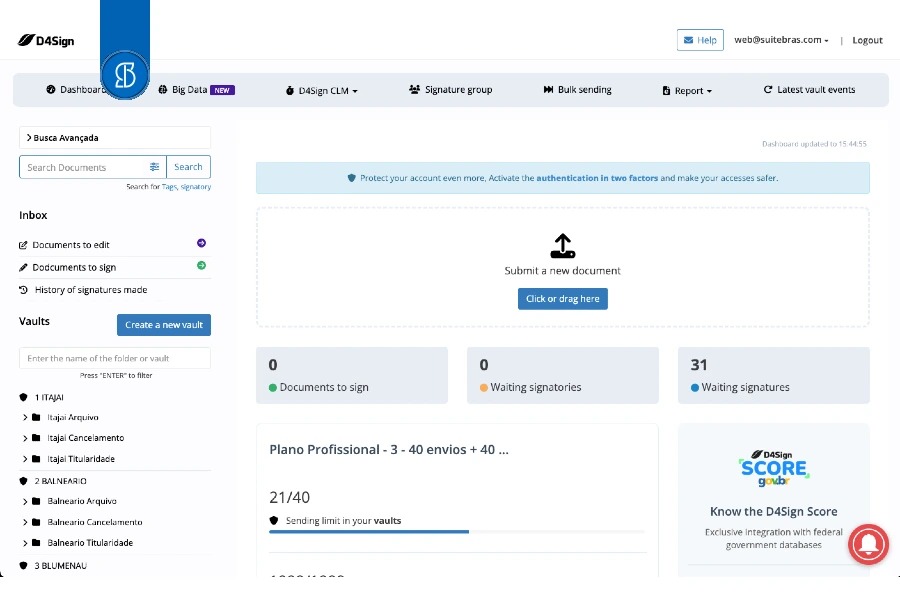 Painel da D4Sign com menu superior, caixa de entrada à esquerda e contadores de documentos a assinar