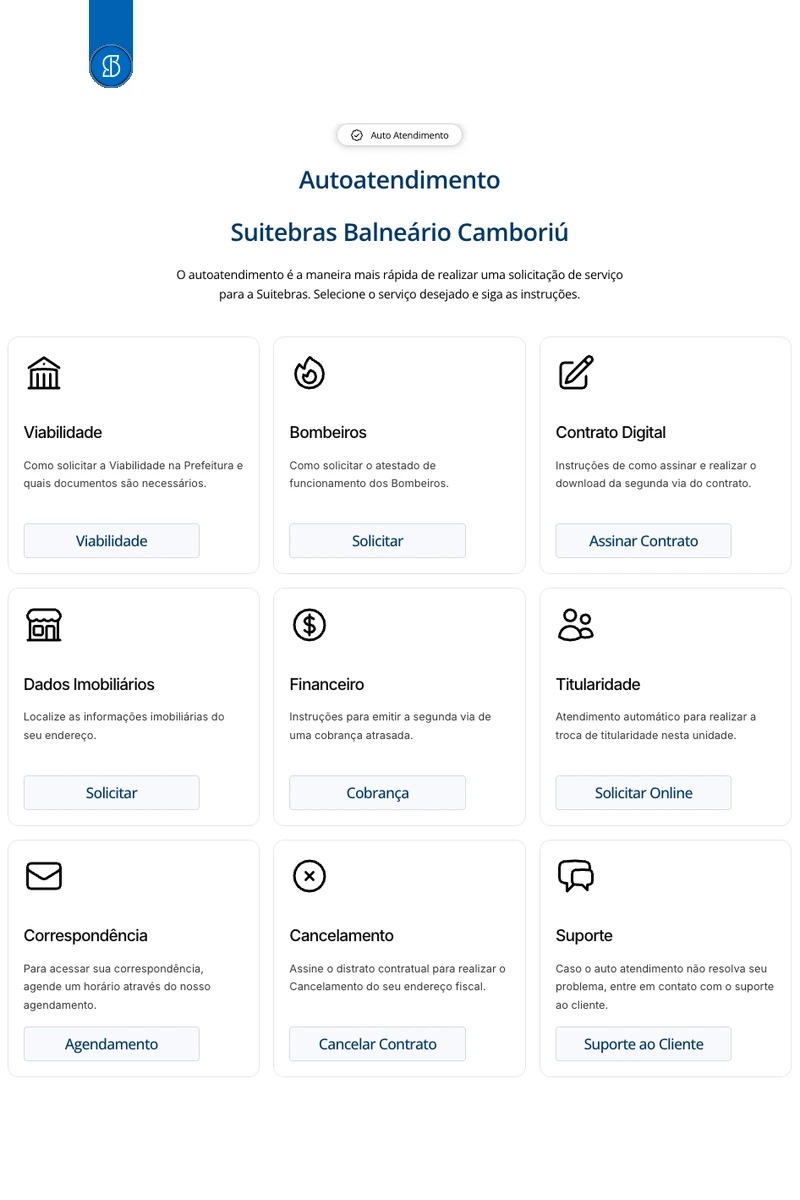 Página de autoatendimento da Suitebras em Balneário Camboriú, com os nove cartões de serviço