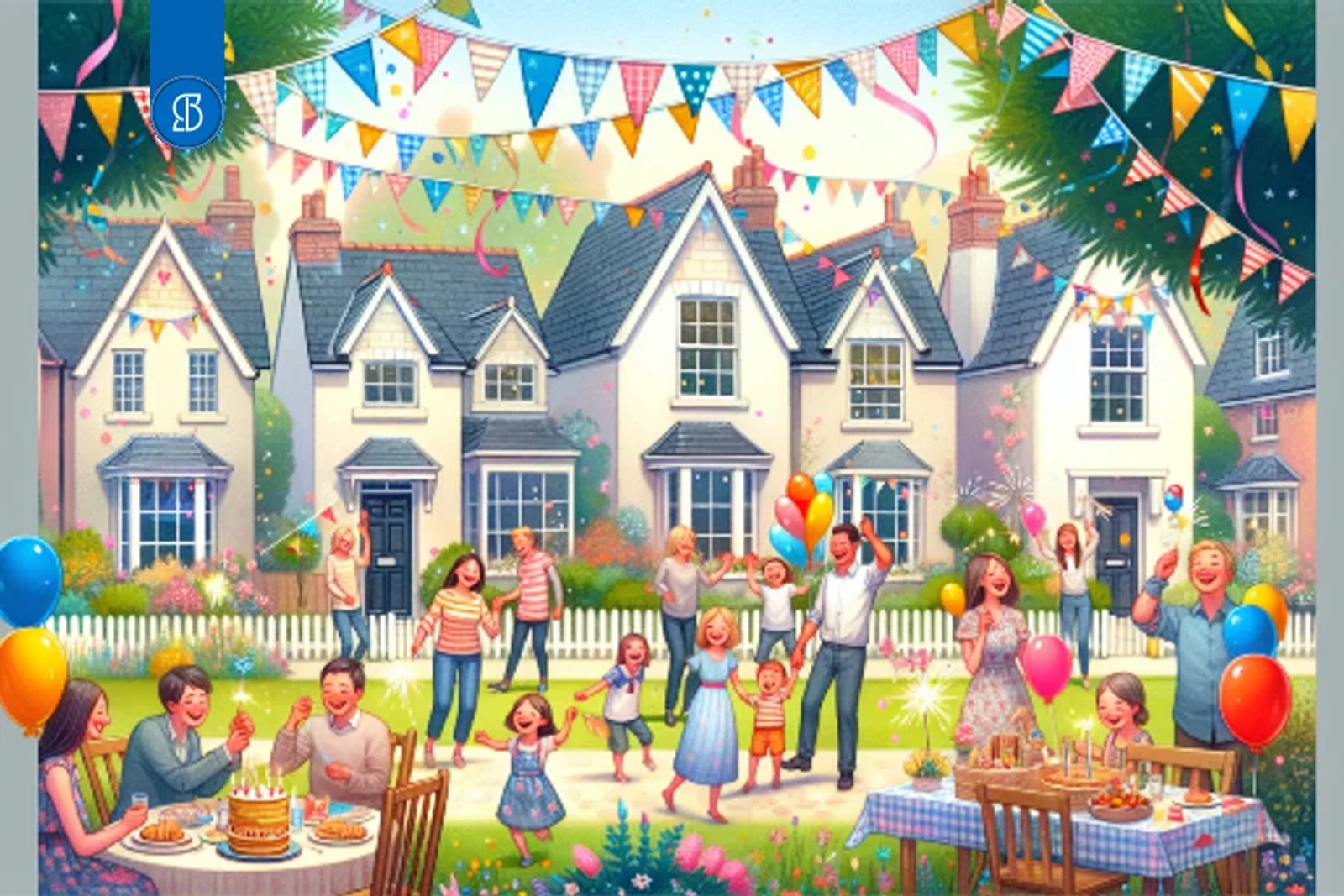 Ilustração de uma festa de rua entre casas geminadas, com bandeirinhas, balões e famílias comemorando
