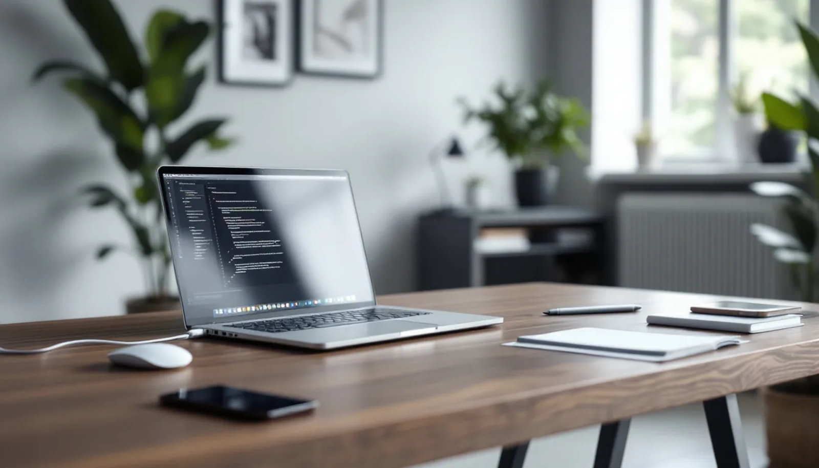 Imagem de um escritório virtual moderno, com um laptop e um smartphone organizados sobre uma mesa. O ambiente é bem iluminado e transmite uma sensação de produtividade, ideal para nômades digitais que buscam um espaço funcional para trabalhar.