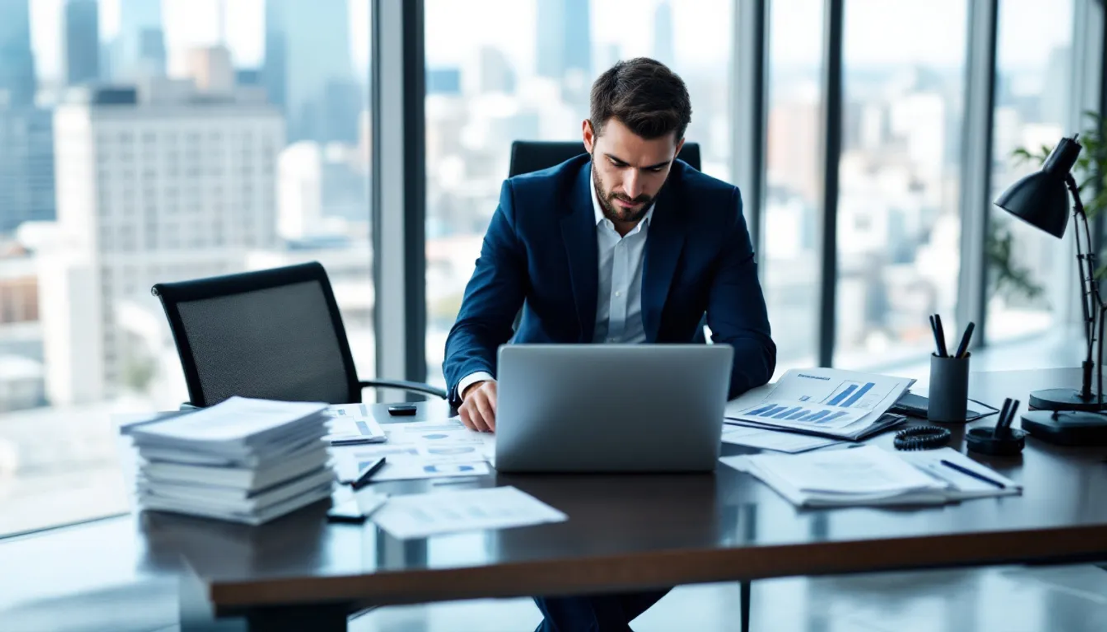 Um profissional de negócios, vestido com um terno, está revisando documentos financeiros e relatórios de estoque em uma mesa moderna de escritório. O ambiente reflete um espaço de trabalho eficiente, ideal para a gestão de empresas e controle contábil.