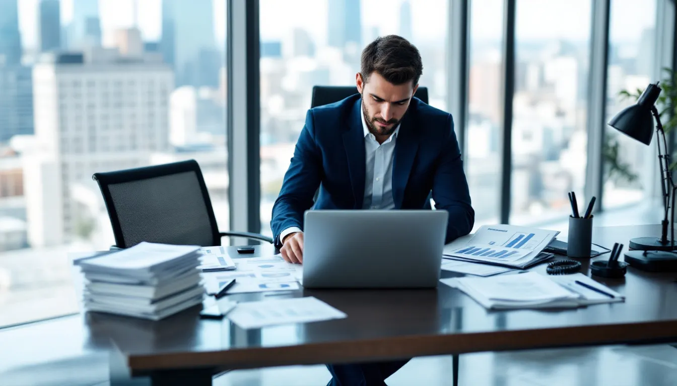 Um profissional de negócios, vestido com um terno, está revisando documentos financeiros e relatórios de estoque em uma mesa moderna de escritório. O ambiente reflete um espaço de trabalho eficiente, ideal para a gestão de empresas e controle contábil.