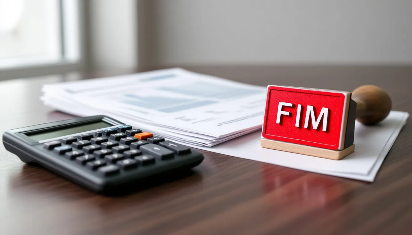 Imagem de uma mesa com uma calculadora, documentos organizados e um carimbo, simbolizando o processo contábil de encerramento empresarial. Os itens refletem a importância da documentação, como o distrato social e a certidão negativa de débito, necessários para a baixa da empresa.