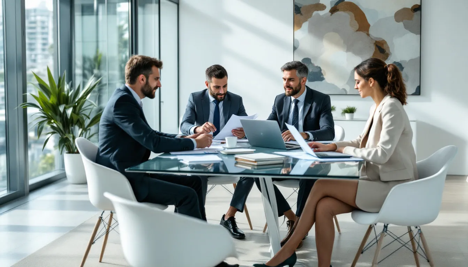 Uma reunião de negócios está acontecendo em um escritório moderno, onde executivos discutem documentos corporativos sobre gestão e estrutura de holdings. A mesa está repleta de papéis, refletindo a importância do planejamento tributário e da administração de bens e ativos na formação de uma holding patrimonial.
