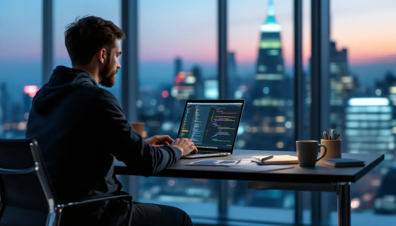 Uma pessoa está concentrada trabalhando em um laptop em um ambiente moderno de escritório, com decoração minimalista e iluminação suave, representando um espaço ideal para a gestão online de negócios. Ao fundo, é possível ver mesas de trabalho e uma sala de reunião, sugerindo um escritório virtual eficiente e colaborativo.