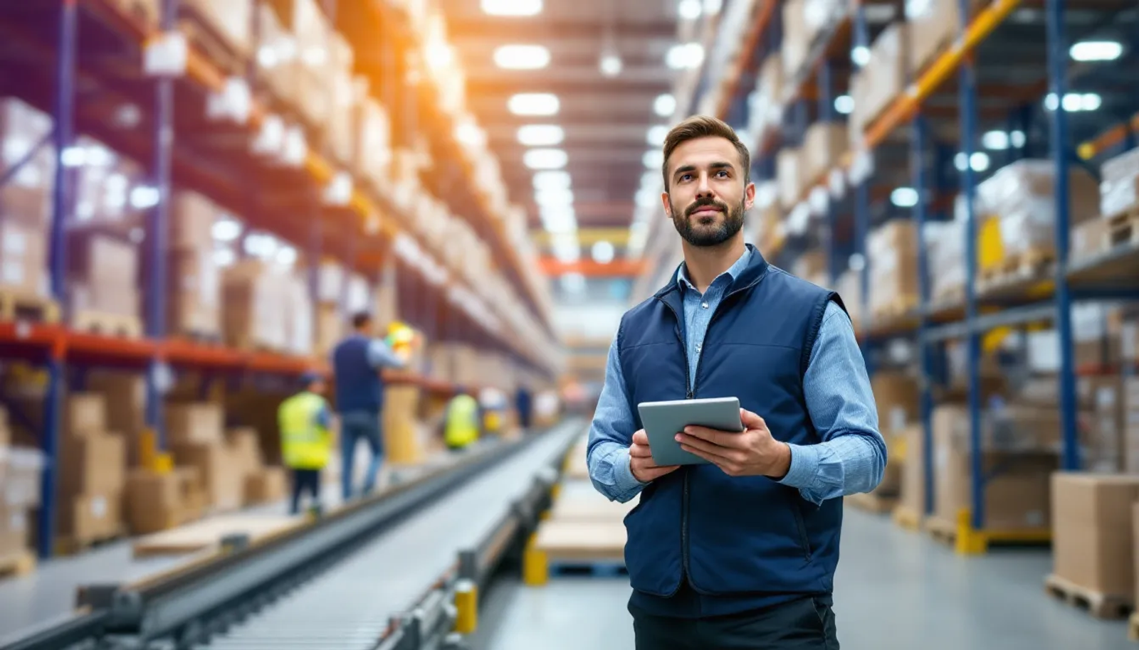 Um gerente de estoque profissional está utilizando um tablet para realizar a contagem de mercadorias em um moderno armazém. A imagem destaca a importância do controle de estoque para a gestão eficiente das empresas e seus produtos.