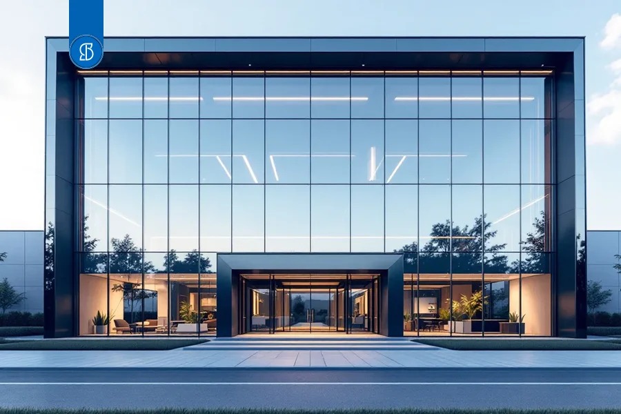 Fachada envidraçada de um edifício comercial moderno ao entardecer