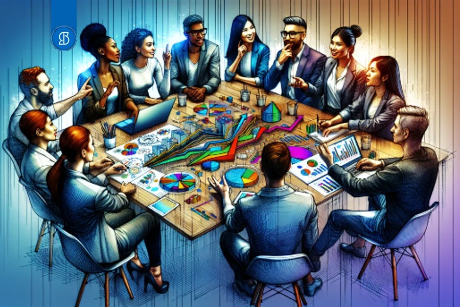 Ilustração de uma equipe reunida em volta de uma mesa coberta de gráficos coloridos