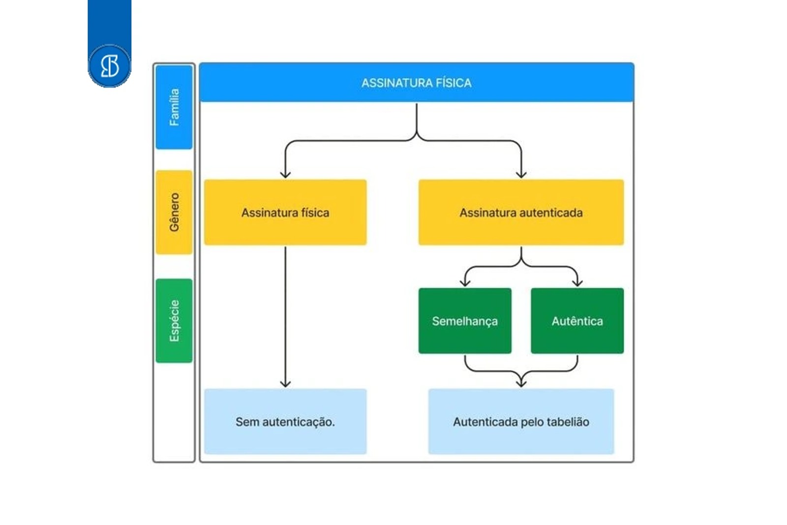 Fluxograma da assinatura física, dividida entre assinatura simples sem autenticação e assinatura autenticada por semelhança ou autêntica