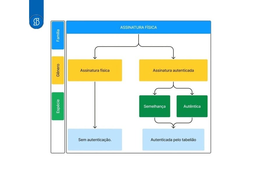 Fluxograma da assinatura física, dividida entre assinatura simples sem autenticação e assinatura autenticada por semelhança ou autêntica