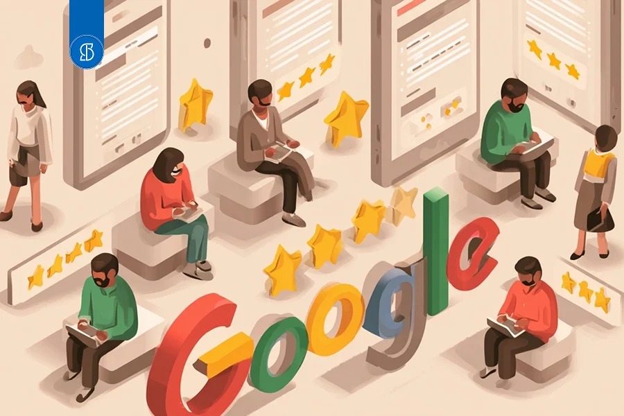 Ilustração de pessoas avaliando com estrelas em volta do logotipo do Google