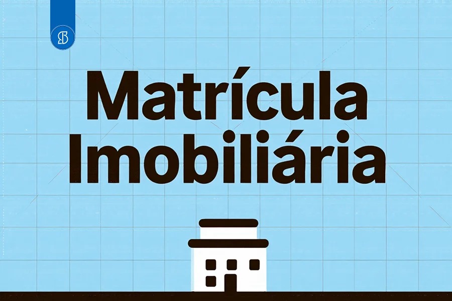Ilustração de um prédio branco sobre fundo azul quadriculado, com os dizeres Matrícula Imobiliária
