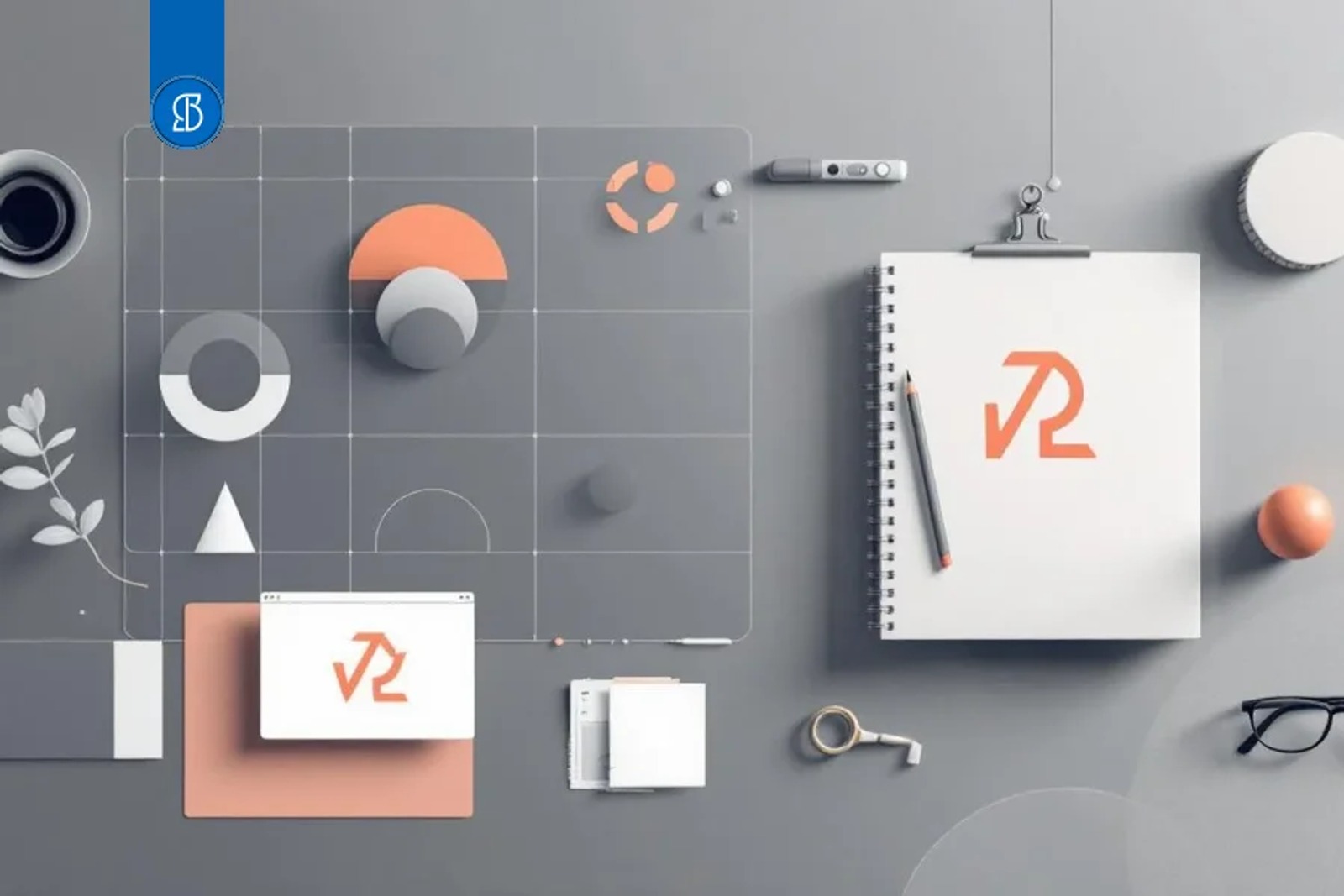 Mesa cinza vista de cima com um caderno exibindo um monograma laranja, grade de formas, óculos e lupa