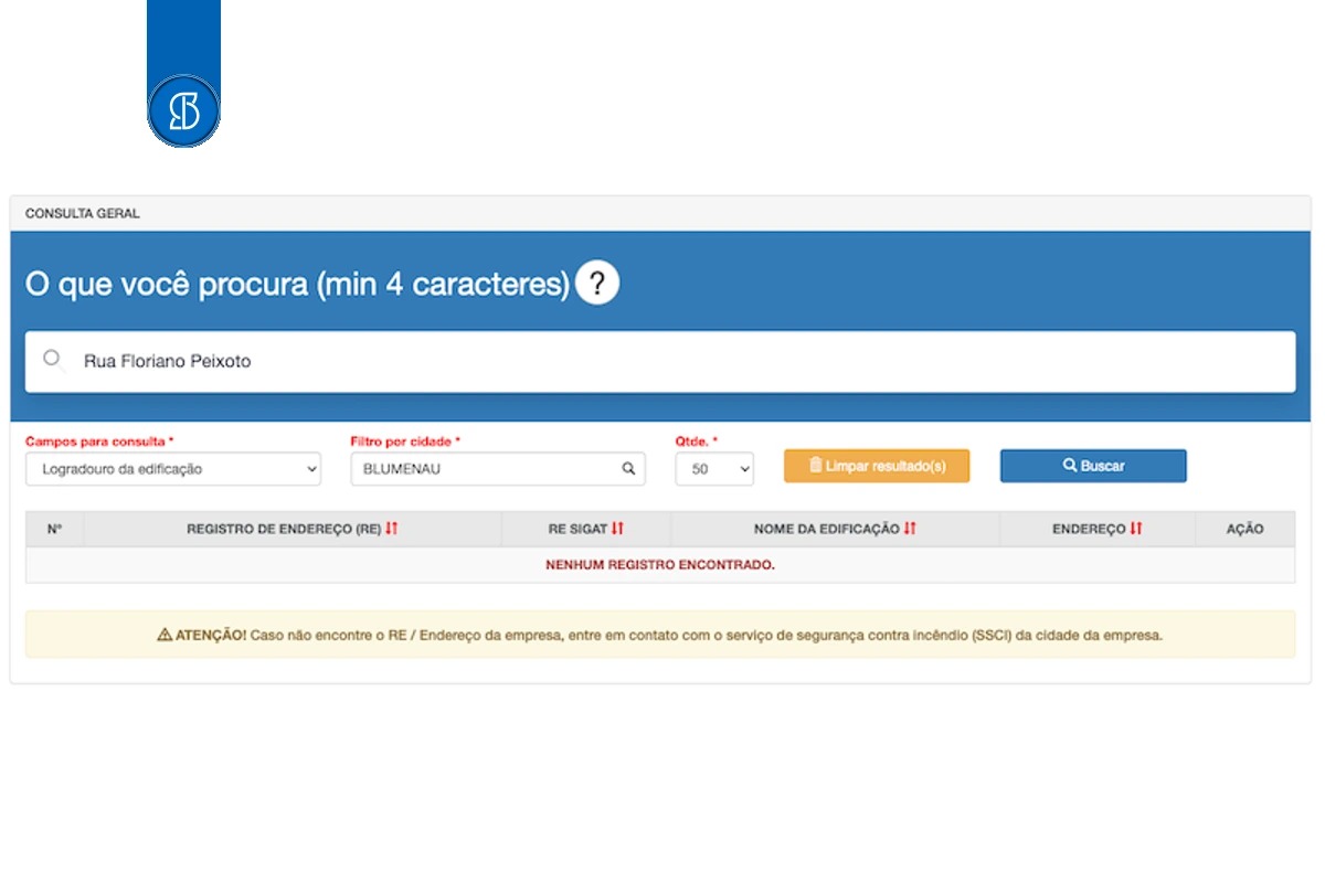 Consulta geral do e-SCI buscando um logradouro em Blumenau, com a mensagem nenhum registro encontrado