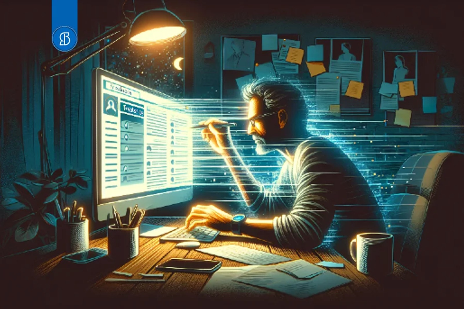 Ilustração de um homem diante de um monitor luminoso com uma lista de itens, em sala escura com abajur