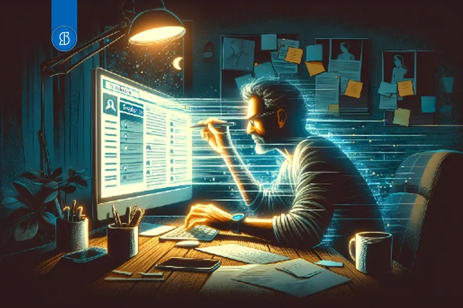 Ilustração de um homem diante de um monitor luminoso com uma lista de itens, em sala escura com abajur