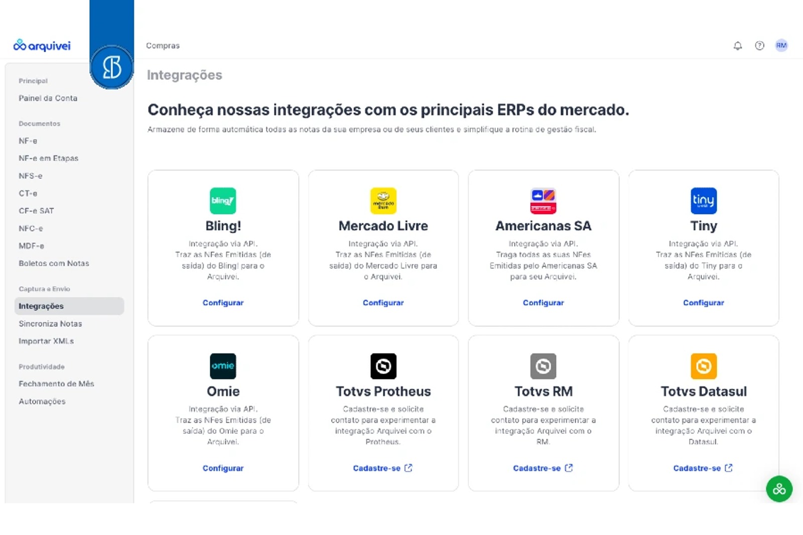 Tela de integrações do Arquivei com os cartões de Bling, Mercado Livre, Tiny, Omie e os sistemas Totvs