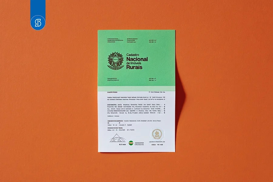 Documento verde do Cadastro Nacional de Imóveis Rurais sobre fundo laranja
