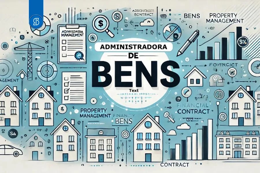 Ilustração em tons de azul com casas, gráficos e ícones em torno do título Administradora de Bens