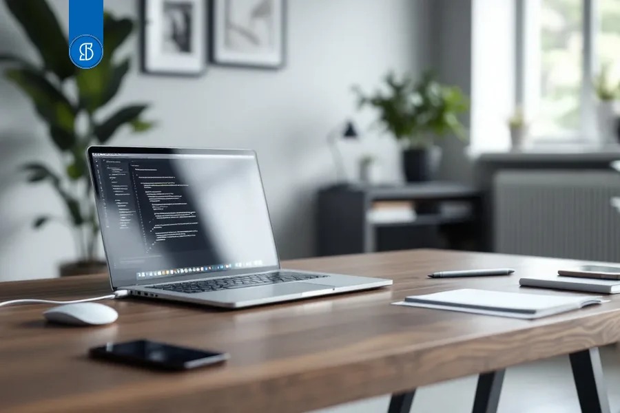Notebook aberto com código na tela sobre mesa de madeira, ao lado de celular, caderno e mouse, em sala clara