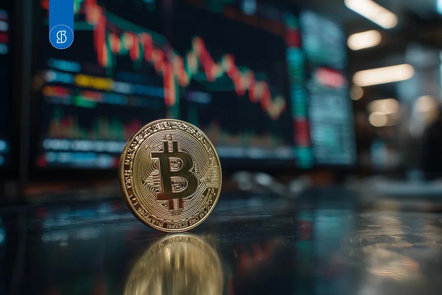 Moeda dourada de bitcoin em pé sobre superfície brilhante, diante de gráficos de mercado