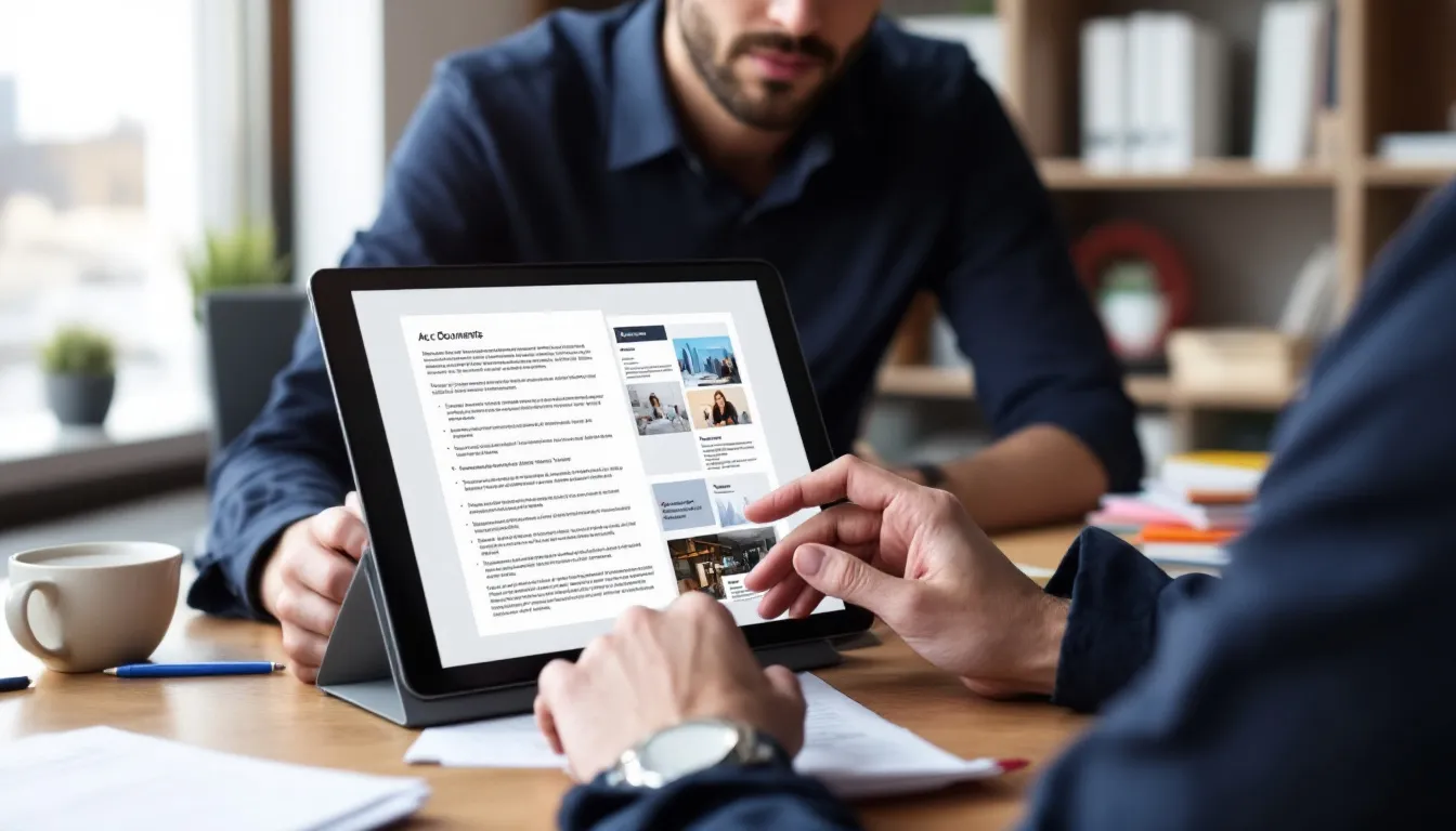 Uma pessoa está utilizando um tablet para acessar documentos digitalizados em um ambiente de escritório virtual, facilitando a gestão online de correspondências e a organização de sua documentação. A imagem retrata a praticidade de trabalhar com tecnologia no dia a dia de empresas, especialmente em locais como São Paulo e Rio de Janeiro.