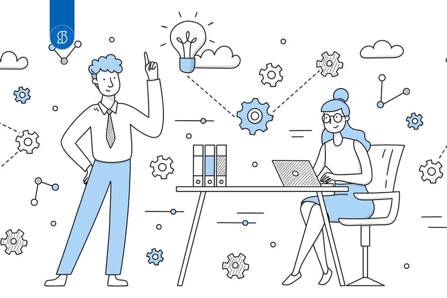 Ilustração de linha com um homem apontando para uma lâmpada e uma mulher trabalhando em notebook