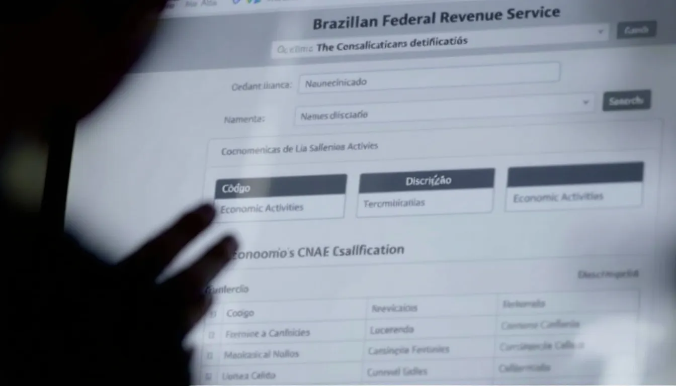 A imagem mostra uma tela de computador exibindo o sistema de consulta de CNAE da Receita Federal, onde o usuário pode acessar informações sobre códigos de serviço, atividades e tipos de empresas, facilitando o planejamento e a emissão de documentos relacionados ao imposto sobre serviços. O layout inclui campos para digitação e uma lista com os códigos e suas respectivas descrições.