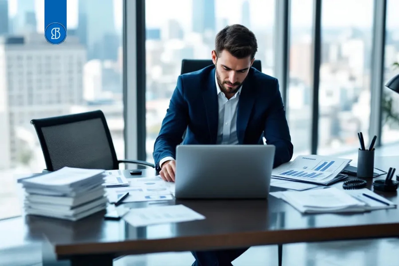 Homem de terno azul trabalhando em notebook à mesa, entre pilhas de relatórios, com a cidade pela janela