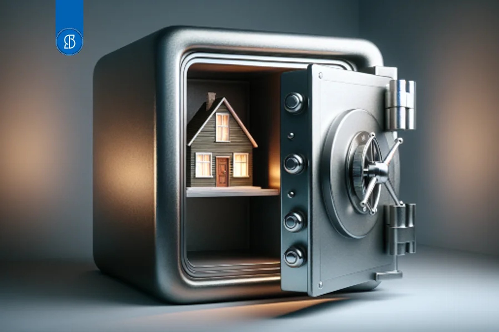 Cofre de aço entreaberto com uma casa em miniatura iluminada dentro