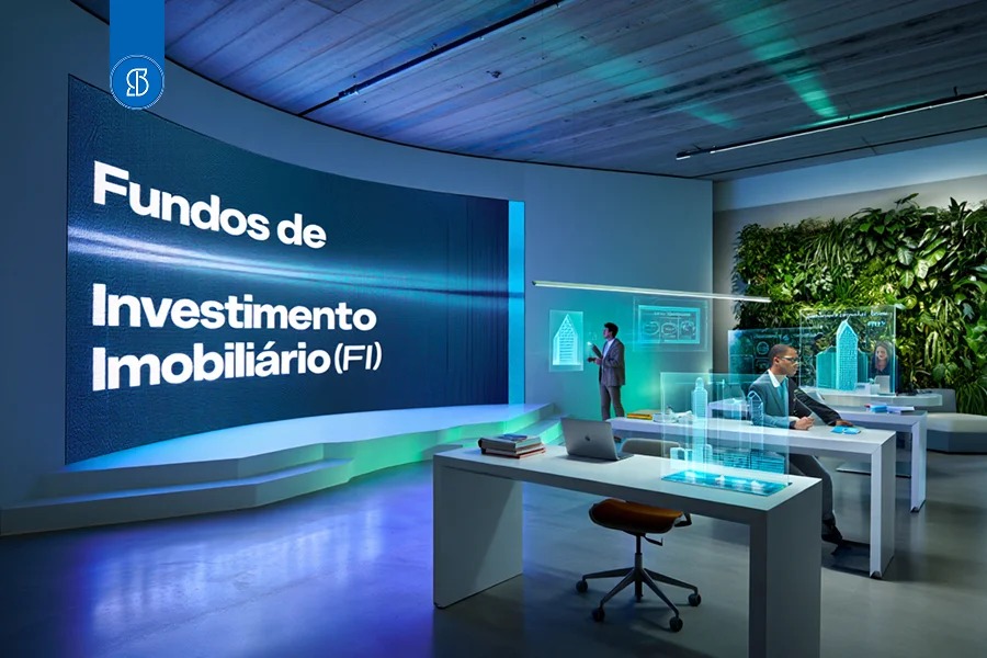 Ambiente futurista com painéis azuis e a inscrição Fundos de Investimento Imobiliário