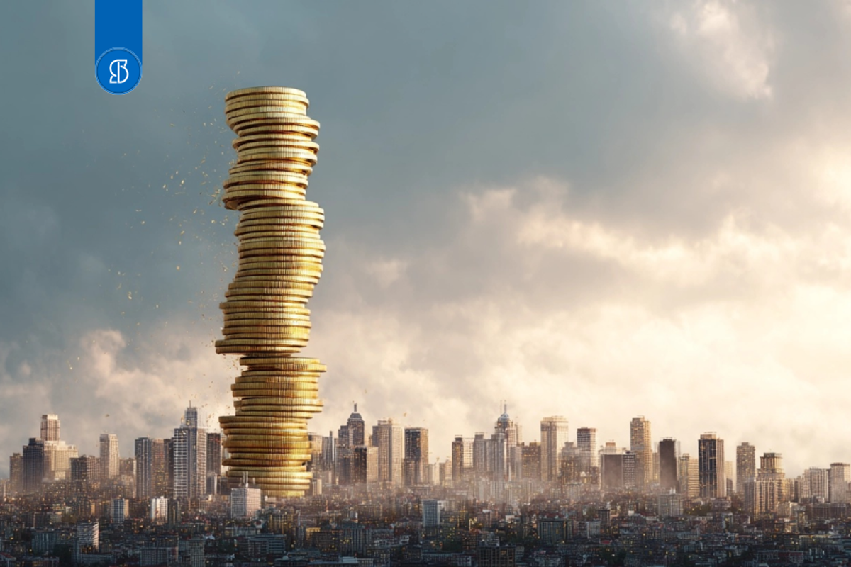 Foto de cidade com moedas de imposto.