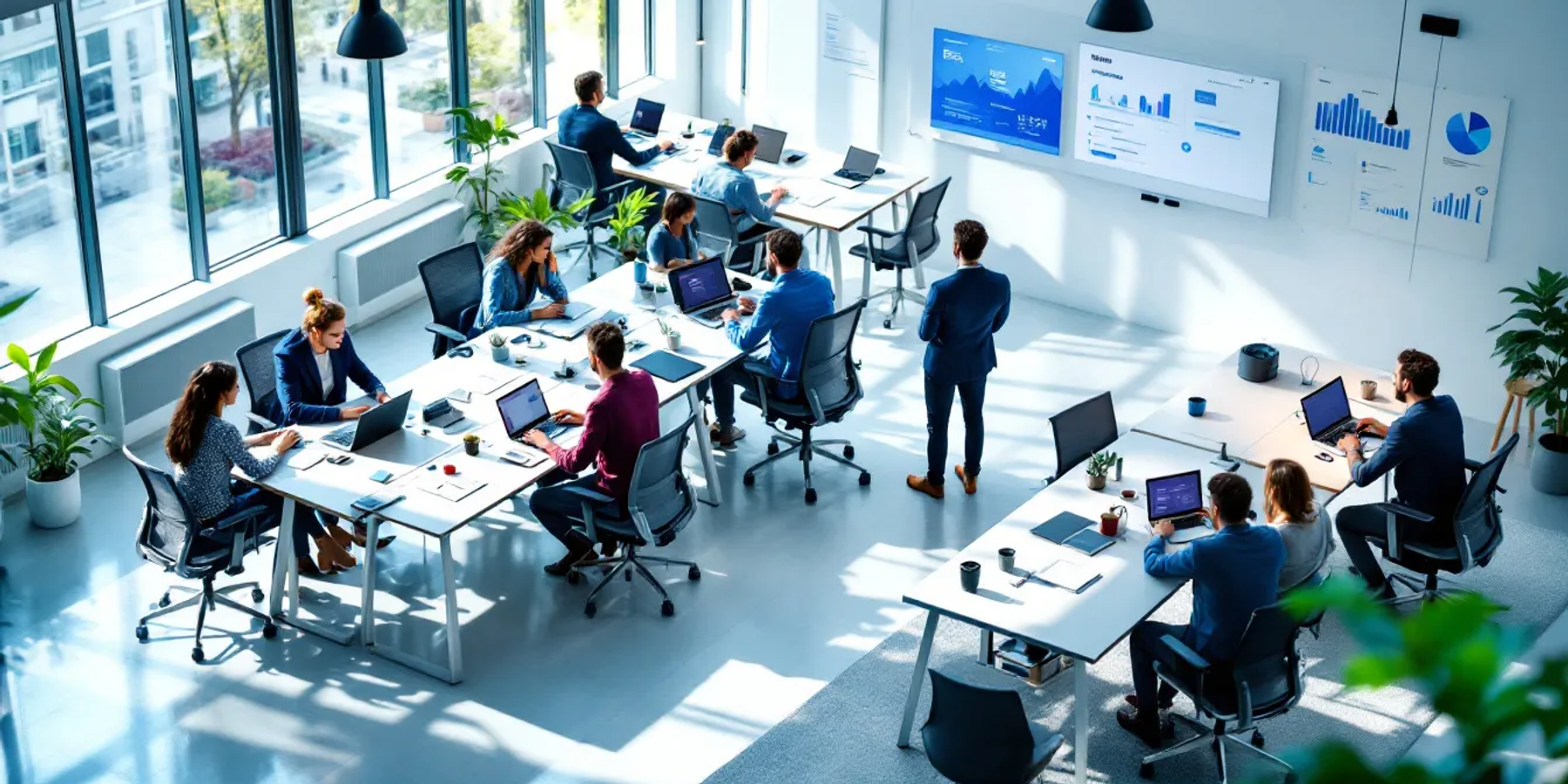 A imagem mostra uma equipe de profissionais colaborando em um escritório moderno, com estações de trabalho bem organizadas e uma atmosfera de produtividade. O ambiente reflete um escritório virtual, ideal para empresas que buscam um endereço comercial de prestígio em São Paulo.