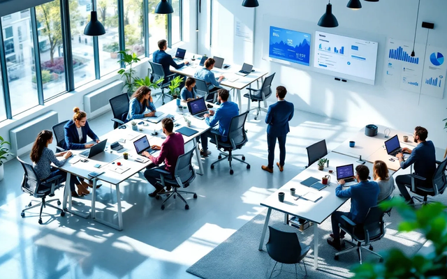 A imagem mostra uma equipe de profissionais colaborando em um escritório moderno, com estações de trabalho bem organizadas e uma atmosfera de produtividade. O ambiente reflete um escritório virtual, ideal para empresas que buscam um endereço comercial de prestígio em São Paulo.
