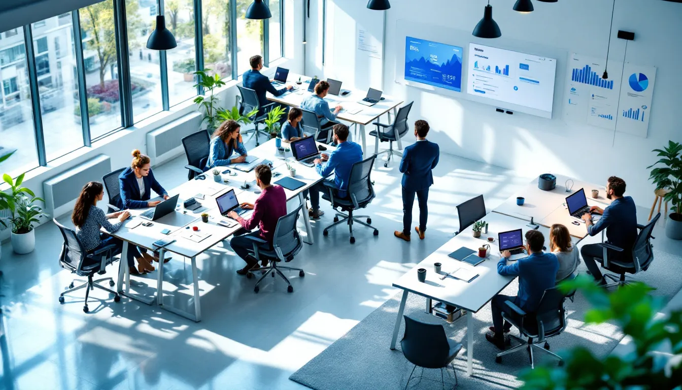 A imagem mostra uma equipe de profissionais colaborando em um escritório moderno, com estações de trabalho bem organizadas e uma atmosfera de produtividade. O ambiente reflete um escritório virtual, ideal para empresas que buscam um endereço comercial de prestígio em São Paulo.