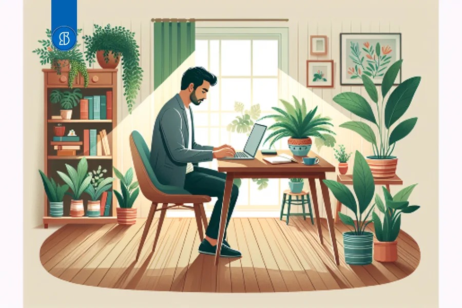Ilustração de um homem trabalhando em notebook à mesa de madeira, cercado de plantas e estante de livros