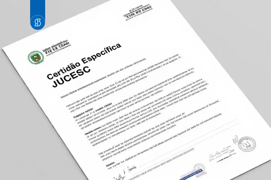 Folha de Certidão Específica da JUCESC inclinada sobre fundo claro