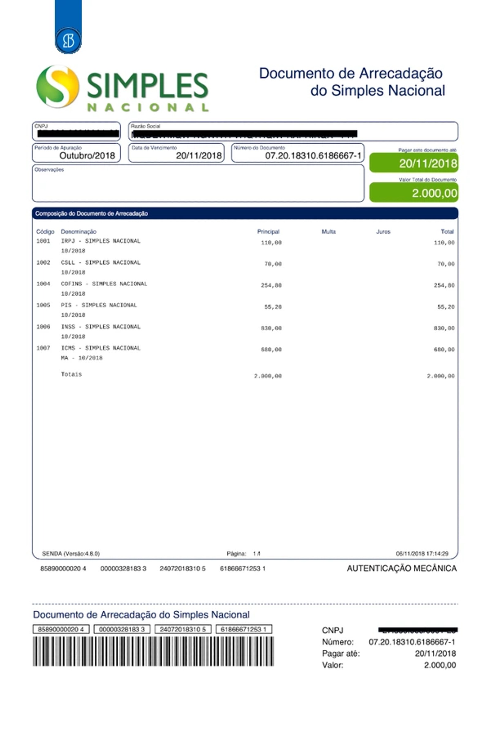 Documento de Arrecadação do Simples Nacional com a composição por tributo — IRPJ, CSLL, COFINS, PIS, INSS e ICMS — e o código de barras no rodapé