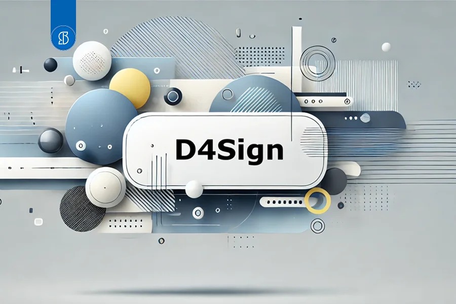 Composição abstrata de esferas e formas geométricas em torno do nome D4Sign