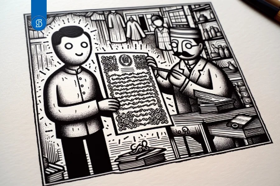 Ilustração em bico de pena de duas figuras numa loja, uma entregando a outra um certificado ornamentado