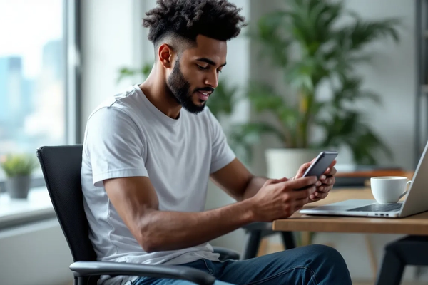 Uma pessoa está utilizando um aplicativo bancário em seu smartphone para gerenciar sua vida financeira através do sistema financeiro aberto, conhecido como open finance. Na tela do aplicativo, é possível ver informações sobre contas, transações e opções de compartilhamento de dados com instituições financeiras.