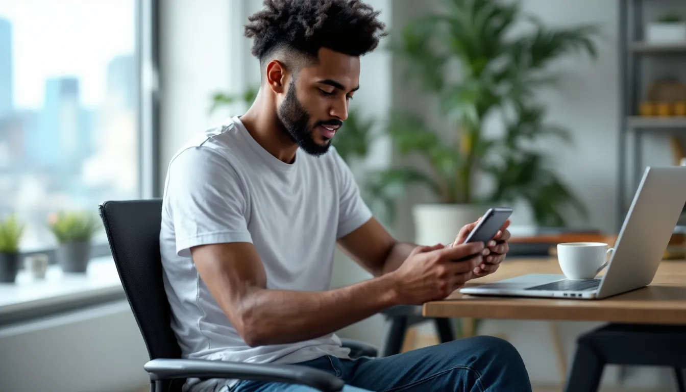 Uma pessoa está utilizando um aplicativo bancário em seu smartphone para gerenciar sua vida financeira através do sistema financeiro aberto, conhecido como open finance. Na tela do aplicativo, é possível ver informações sobre contas, transações e opções de compartilhamento de dados com instituições financeiras.