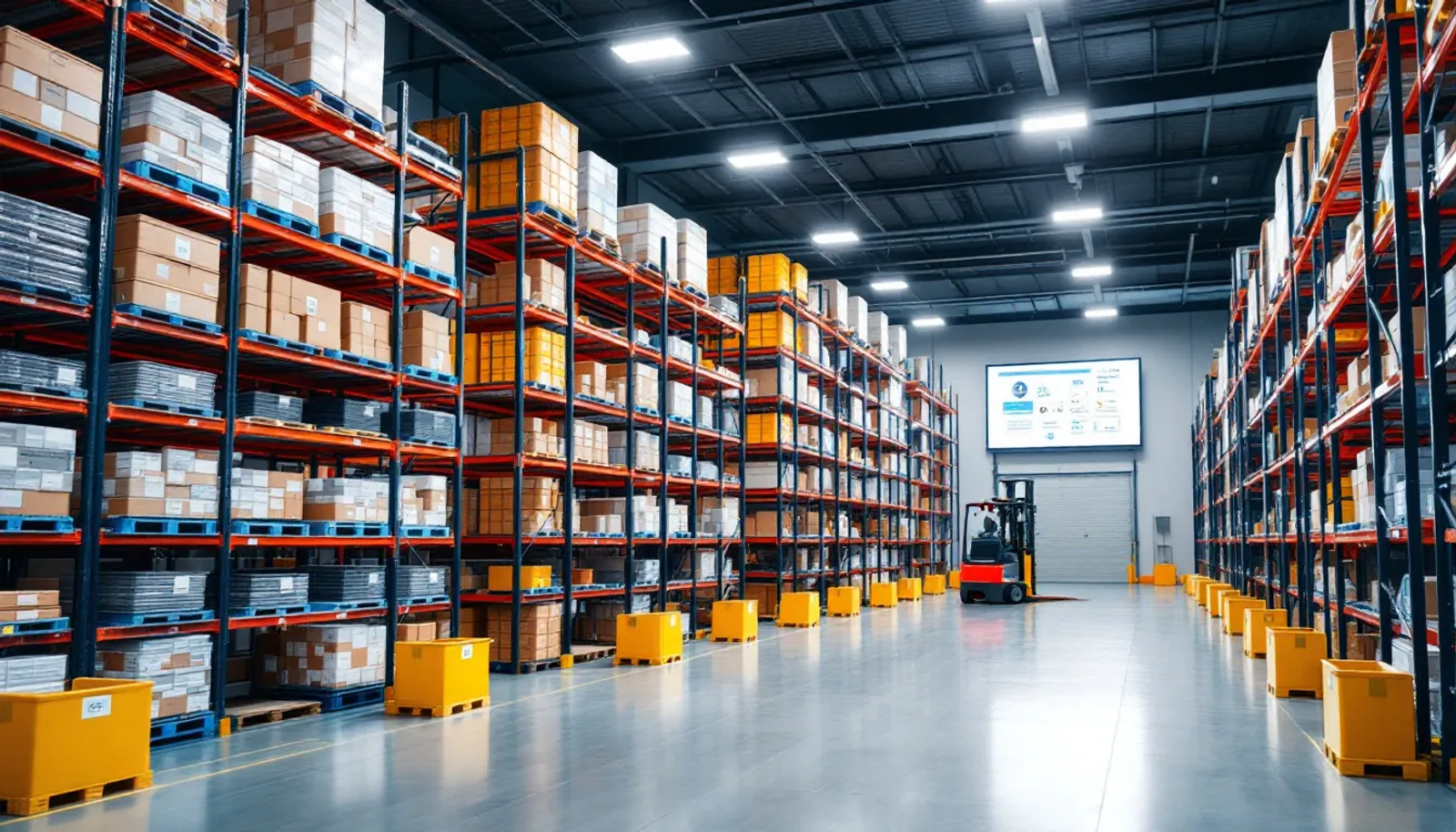 Imagem de um armazém moderno, com prateleiras organizadas que armazenam diversos produtos e um sistema de gestão de inventário visível. O espaço reflete um controle eficiente do estoque físico, essencial para a apuração contábil e a gestão de ativos circulantes das empresas.