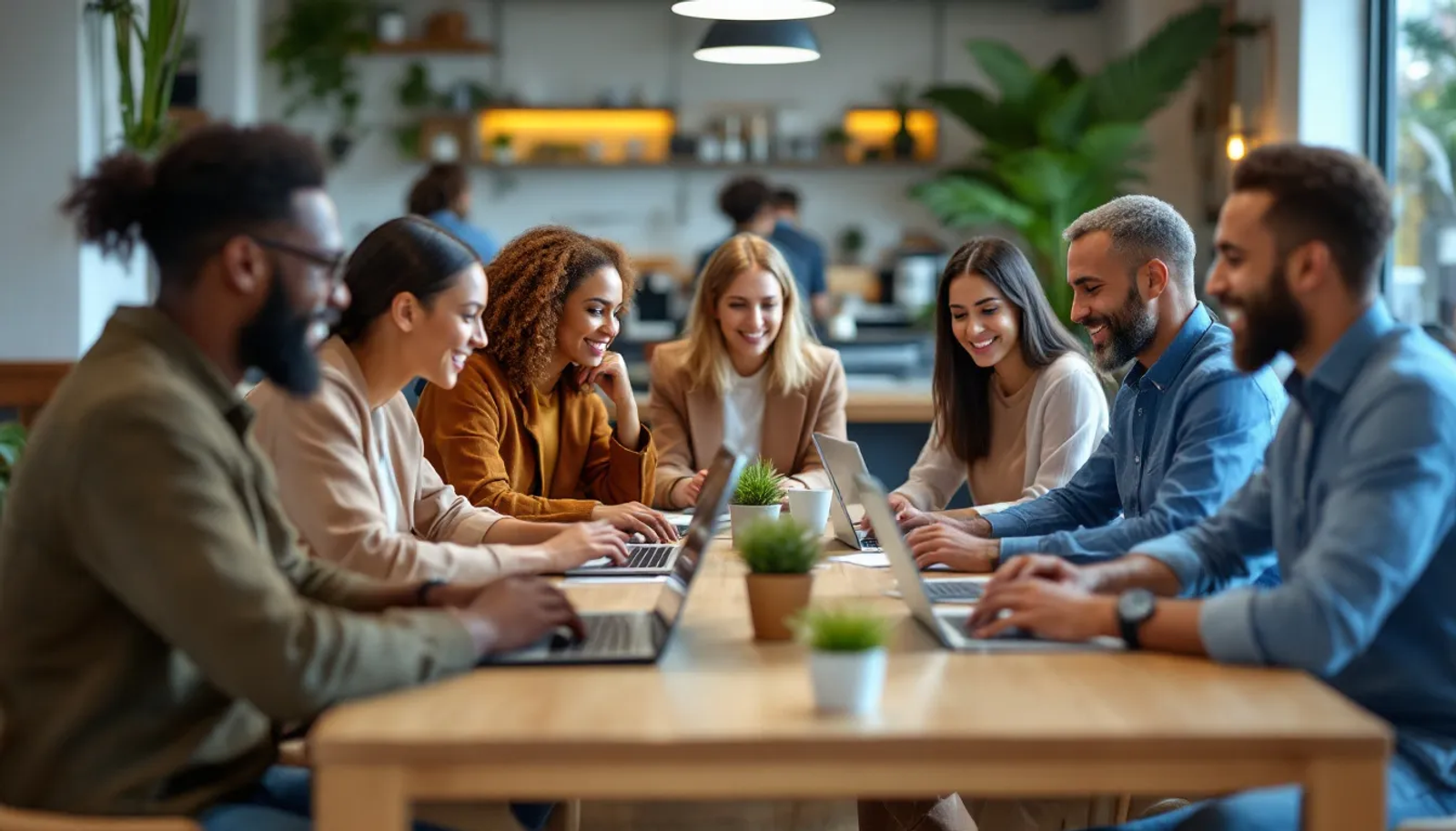 Um grupo diverso de profissionais está reunido de forma informal em um café, todos com laptops abertos, discutindo ideias e colaborando em um ambiente de escritório virtual. A cena reflete a liberdade e a produtividade dos nômades digitais em um espaço de coworking em São Paulo.