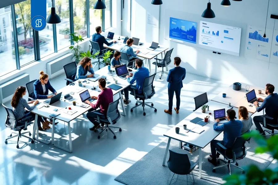 Vista de cima de um escritório claro com equipes em mesas compartilhadas e painéis de gráficos na parede