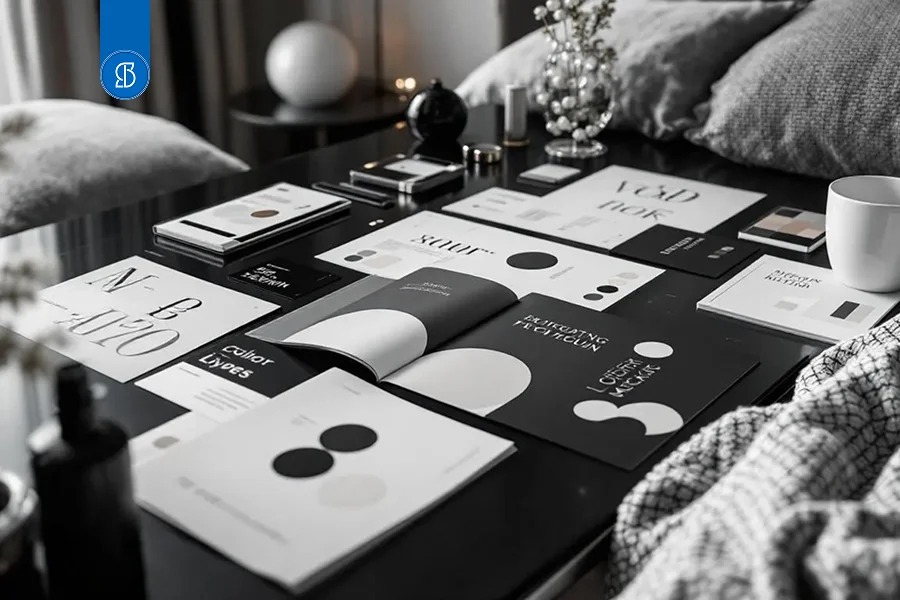 Peças gráficas em preto e branco espalhadas sobre uma mesa escura