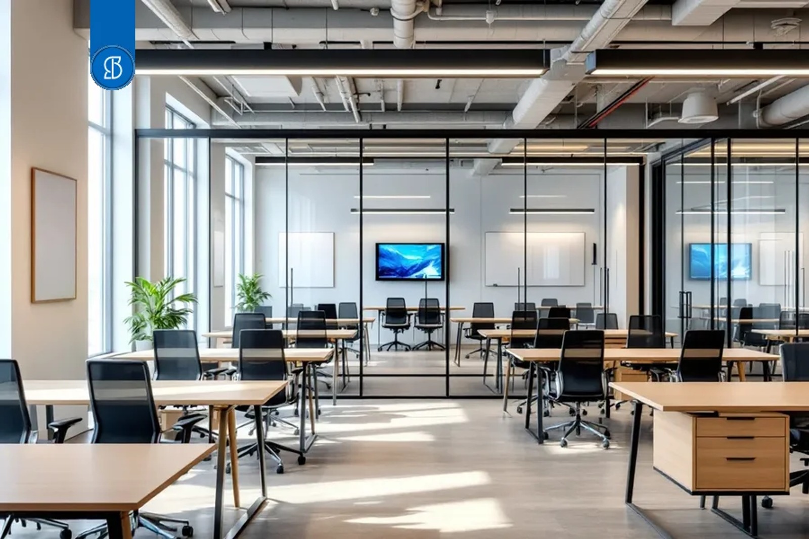Espaço de coworking vazio e iluminado, com mesas compartilhadas e salas de reunião envidraçadas ao fundo