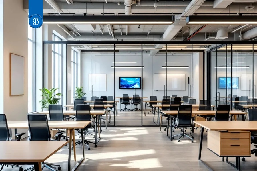 Espaço de coworking vazio e iluminado, com mesas compartilhadas e salas de reunião envidraçadas ao fundo