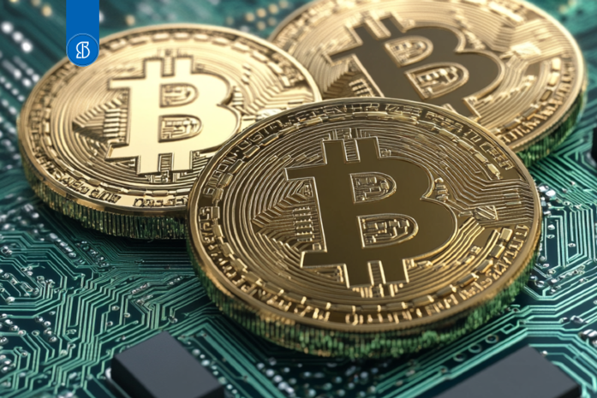 Imagem com moedas bitcoin e uma placa de computador.